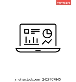 Black single data analysis on monitor line icon, simple financial dashboard admin flat design vector pictogram infographic interface elements for app logo web button ui ux isolated on white background