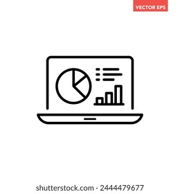Black single data analysis on monitor line icon, simple financial dashboard admin flat design vector pictogram infographic interface elements for app logo web button ui ux isolated on white background