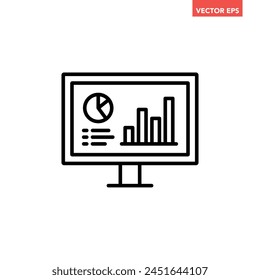 Black single data analysis on monitor line icon, simple financial dashboard admin flat design vector pictogram infographic interface elements for app logo web button ui ux isolated on white background