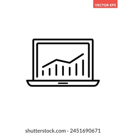 Black single data analysis on monitor line icon, simple financial dashboard admin flat design vector pictogram infographic interface elements for app logo web button ui ux isolated on white background