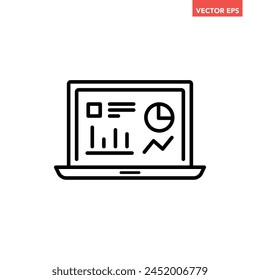Black single data analysis on monitor line icon, simple financial dashboard admin flat design vector pictogram infographic interface elements for app logo web button ui ux isolated on white background