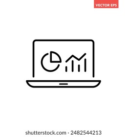 Black single data analysis on monitor line icon, simple financial dashboard admin flat design vector pictogram infographic interface elements for app logo web button ui ux isolated on white background