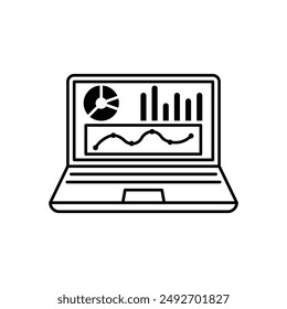Black single data analysis on monitor line icon, simple financial dashboard admin flat design vector pictogram infographic interface elements for app logo web button ui ux isolated on white background