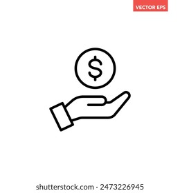 Black single dollar in hand line icon,  simple financial investment flat design vector pictogram, infographic interface elements for app logo web button ui ux isolated on white background