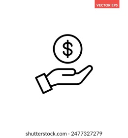 Black single dollar in hand line icon,  simple financial investment flat design vector pictogram, infographic interface elements for app logo web button ui ux isolated on white background