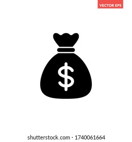 Black single dollar money bag icon, simple successful business graphic flat design interface, infographic element for ads app ui ux web banner button, vector isolated on white background