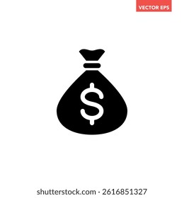 Black single dollar money bag icon, simple successful business graphic flat design interface, infographic element for ads app ui ux web banner button, vector isolated on white background