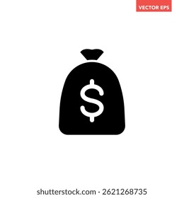 Black single dollar money bag icon, simple successful business graphic flat design interface, infographic element for ads app ui ux web banner button, vector isolated on white background