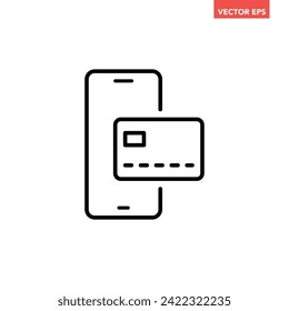 Black single easy contactless payment line icon, simple pay by phone flat design pictogram vector for app ads web banner button ui ux interface elements isolated on white background