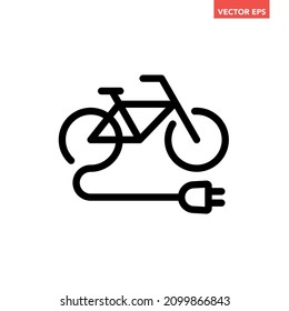 Schwarzes einzelnes elektrisches Fahrradliniensymbol, einfaches ebike-freundliches flaches Design, Vektorbild, Infografik für die Website-Schaltfläche mit dem Logo der App ux-Schnittstellenelemente einzeln auf weißem Hintergrund