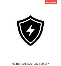 Black single electric shield icon, simple electric station or voltage protection flat design vector pictogram, infographic interface elements for app logo web button ui ux isolated on white background