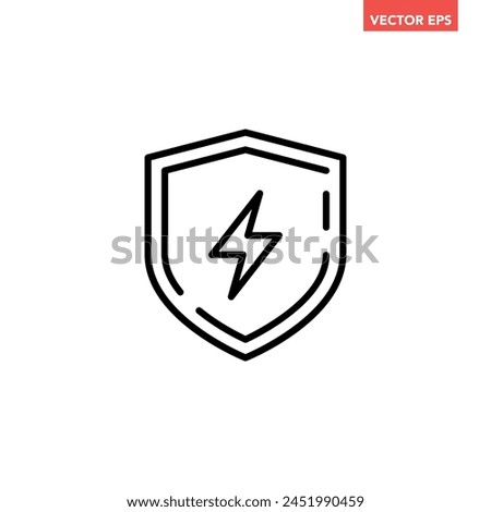 Black single electric shield line icon, electric station or voltage protection flat design vector pictogram, infographic interface elements for app logo web button ui ux isolated on white background