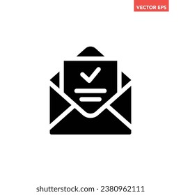 Schwarze einzelne E-Mail mit bestätigtem Dokumentsymbol, einfache E-Mail mit flachem Design-Vektorbild, Infografik-Schnittstellenelemente für App-Logo-Web-Button ui ux einzeln auf weißem Hintergrund