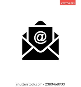 Black single email icon, simple open mail envelope flat design vector pictogram, infographic interface elements for app logo web button ui ux isolated on white background