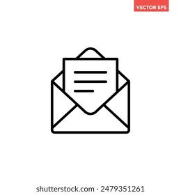Black single email letter line icon, simple mail envelope flat design vector pictogram, infographic interface elements for app logo web button ui ux isolated on white background