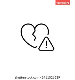 Black single end of relationship warning thin line icon, simple broken heart flat design pictogram, infographic vector for app logo web button ui ux interface elements isolated on white background