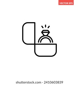 Black single engagement ring thin line icon, simple wedding proposal flat design pictogram, infographic vector for app logo web button ui ux interface elements isolated on white background
