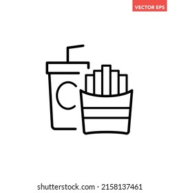 Black single fast food line icon, simple outline fries and drink combo flat design pictogram, infographic vector for app logo web button ui ux interface elements isolated on white background