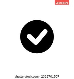 Black single filled round glyph check mark icon, simple correct button flat design concept vector for app ads web banner button ui ux interface elements isolated on white background