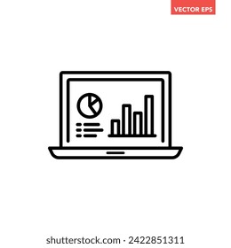 Blanco negro Análisis financiero en el icono de la línea de computadora, diagrama simple datos de diseño plano pictograma vector para anuncios de aplicaciones botón de banner web ui ux elementos de interfaz aislados en fondo blanco