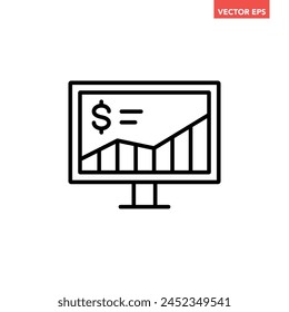 Black single financial analysis on laptop line icon, simple diagram data flat design pictogram vector for app ads web banner button ui ux interface elements isolated on white background
