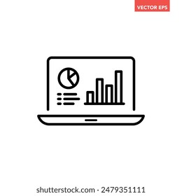 Black single Financial analysis on computer line icon, simple diagram data flat design pictogram vector for app ads web banner button ui ux interface elements isolated on white background