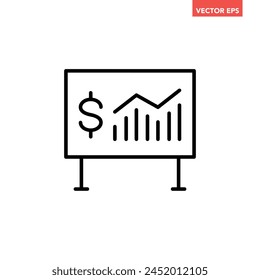 Black single financial analytics presentation line icon, simple growing business board flat design pictogram vector for app ads web banner ui ux interface elements isolated on white background