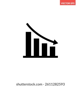 Black single financial graph with down arrow icon, simple businese decline flat design pictogram vector for app ads web banner button ui ux interface elements isolated on white background
