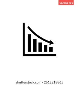 Black single financial graph with down arrow icon, simple businese decline flat design pictogram vector for app ads web banner button ui ux interface elements isolated on white background