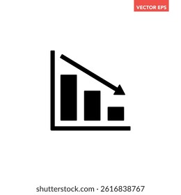 Black single financial graph with down arrow line icon, simple business decline flat design pictogram vector for app ads web banner button ui ux interface elements isolated on white background