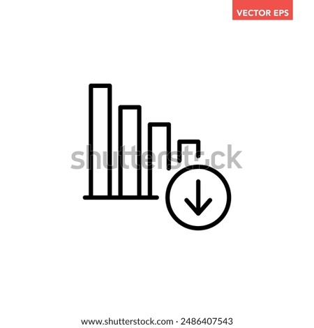 Black single financial graph with down arrow line icon, simple business decline flat design pictogram vector for app ads web banner button ui ux interface elements isolated on white background