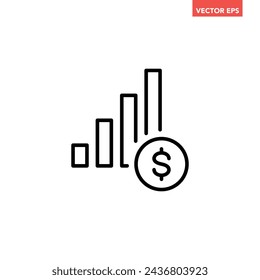Black single financial growing graph line icon, simple positive profit chart flat design pictogram vector for app ads web banner button ui ux interface elements isolated on white background