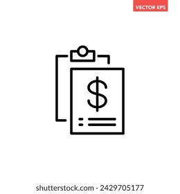 Icono de línea de informe financiero único negro, pictograma de vector de diseño plano de documento de dinero de negocios simple, elementos de interfaz infográfica para el botón web del logotipo de la aplicación ui ux aislado sobre fondo blanco