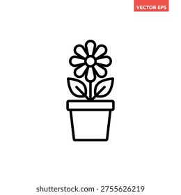 Black single flower in pot line icon, simple potted flower flat design vector pictogram, infographic interface elements for app logo web button ui ux isolated on white background