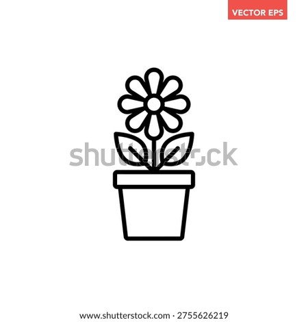 Black single flower in pot line icon, simple potted flower flat design vector pictogram, infographic interface elements for app logo web button ui ux isolated on white background