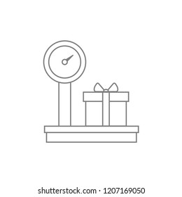 Black single gift box with ribbon scale thin line icon, luggage weigh checking. Simple modern flat design template for app, ui, ux, web, button, interface vector eps 10 isolated on white background 