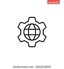 Black single globe gear line icon, simple globe setting flat design infographic pictogram vector for app logo web button ui ux interface elements isolated on white background
