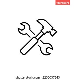 Black single hammer wrench crossed icon, simple professional  tools needed flat design pictogram, infographic vector for app logo web button ui ux interface elements isolated on white background