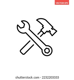 Black single hammer wrench crossed line icon, simple professional  tools needed flat design pictogram, infographic vector for app logo web button ui ux interface elements isolated on white background