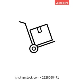 Black single handcart with one cargo box line icon, simple shipping delivery flat design pictogram, infographic vector for app logo web button ui ux interface elements isolated on white background