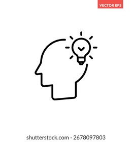 Black single head with bulb line icon, simple head thinking symbol flat design infographic pictogram vector for app logo ads web button ui ux interface elements isolated on white background