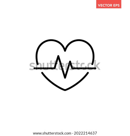 Black single heart beat line icon, simple cardiac shape signage flat design pictogram, infographic vector for app logo web website button ui ux interface elements isolated on white background