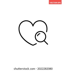 Black single heart inspection line icon, simple search love flat design pictogram, infographic vector for ads app logo web website button ui ux interface elements isolated on white background