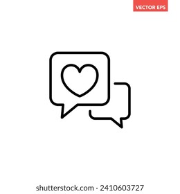 Corazón simple negro en voz icono de línea delgada, caja de texto amor simple charla imagen de diseño plano, vector infográfico para el logotipo de la aplicación botón web ui ux interfaz aislado en fondo blanco