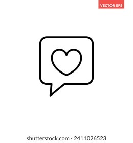 Black single heart in speech thin line icon, simple love text box message flat design pictogram, infographic vector for app logo web button ui ux interface elements isolated on white background