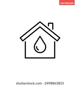 Black single home water system line icon, simple house with water drop flat design pictogram vector for app ads web banner button ui interface elements isolated on white background