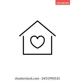 Black single house with heart line icon, simple home care graphic flat design pictogram vector for app ads web banner button ui interface elements isolated on white background