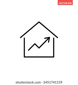 Black single house investment growth line icon, simple increased housing price graphic flat design pictogram vector for app ads web banner button ui interface elements isolated on white background