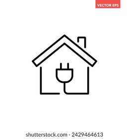Black single house with power plug line icon, simple home cable wire flat design pictogram, infographic illustration for app logo web button ui ux interface elements isolated on white background