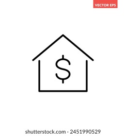 Black single house price line icon, simple real estate value flat design concept vector for app ads web banner button ui ux interface elements isolated on white background